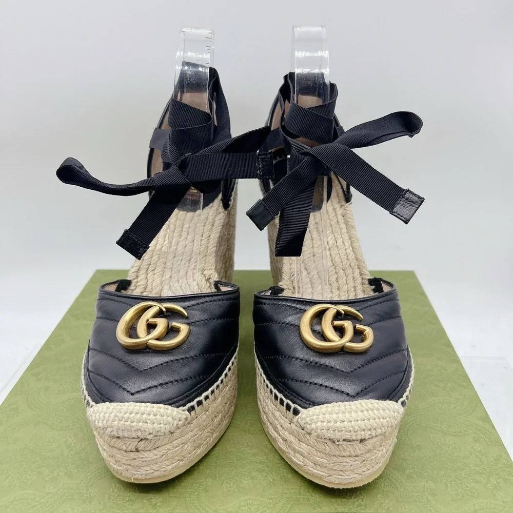 Gucci GG Marmont Platform MATELASSÉ Wedge Heels Espadrille Black Leather EU 40.5